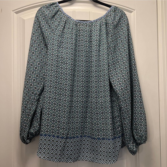 Max Studio Women’s Floral Peasant Keyhole Tunic Top Blouse Size L Green Blue - Picture 6 of 6